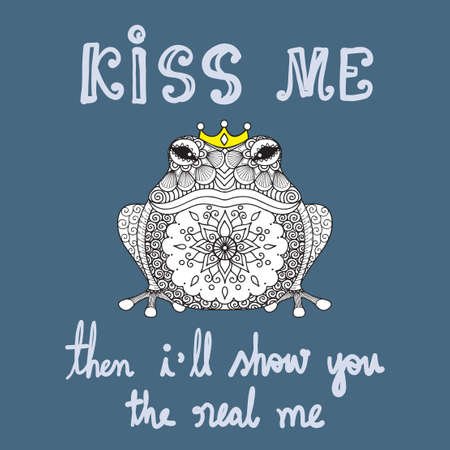 Hand drawn cute funny frog with mandala art with slogan KISS ME THEN I WILL SHOW YOU THE REAL ME, illustrate from tale for t shirt printing and embroidery, Graphic t shirt &amp; Printed t shirtのイラスト素材