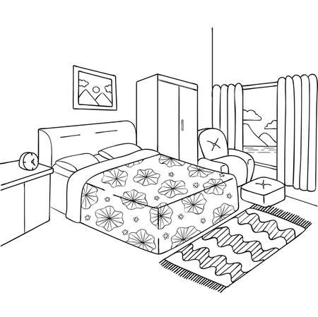 Hand drawn of bedroom for design element and adult coloring book page. Vector illustrationのイラスト素材