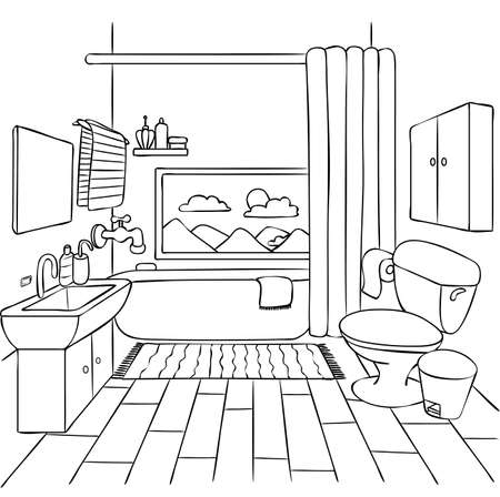 Hand drawn bathroom for design element and coloring book page for kids and adult. Vector illustration.のイラスト素材