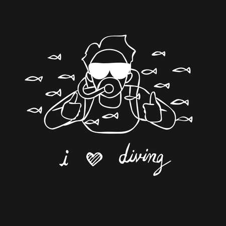 Hand drawn man doing scuba diving among little fish and thumbs up with slogan i love diving Vector illustrationのイラスト素材