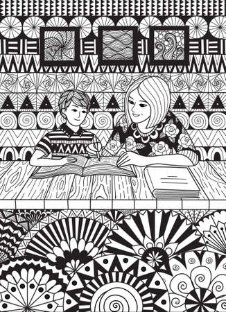 Mother help with her sonâs studies for card and coloring book page. Vector illustrationのイラスト素材