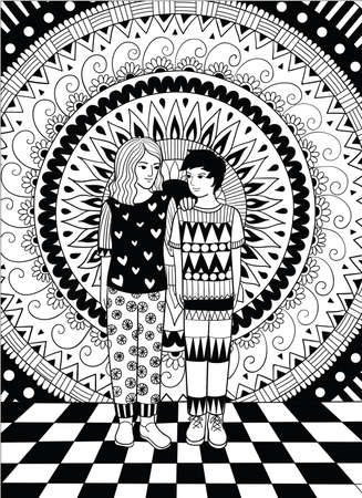 Mother standing by her sonâs side and encourage, design for coloring book page and cards. Vector illustratonのイラスト素材