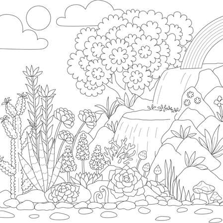 Line art of Waterfall with beautiful flowers for coloring book page. Vector illustrationのイラスト素材