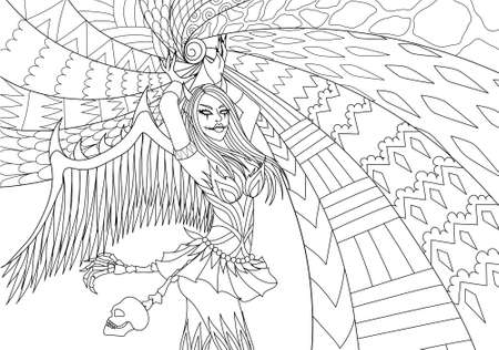 Coloring Pages. Coloring Book for adults. Girl in Hallween costume with power.Antistress freehand sketch drawing with doodle and zentangle elements. Vector illustrationのイラスト素材
