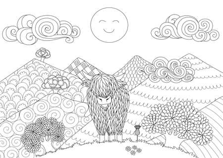Cute Highland cow walking on the hill for design element and coloring book page for adult. Vector illustrationのイラスト素材
