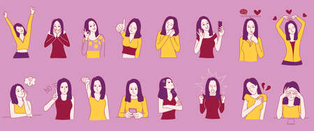 Set of woman character in deferent emotions. Borderline Personality Disorder, emotion controlling concepts. For illustration,presentation,story telling and coloring book.のイラスト素材