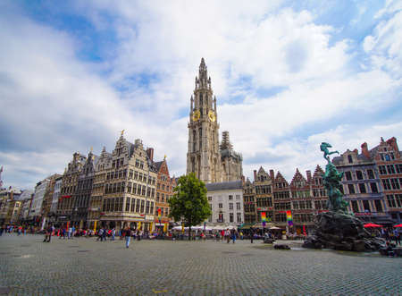 Meir street, lonely tower of the Cathedral of our lady,fountain with Statue of Brabo in Grote Markt...
