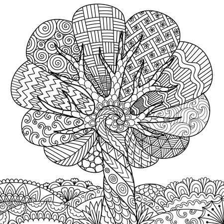 Line art of abstract tree for adult coloring book, printing on product and other design element. Vector illustration.のイラスト素材