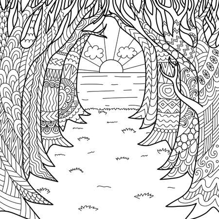 Line art the road under the trees leads to the sea and sunset, for adult coloring page and print on product. Vector illustrationのイラスト素材