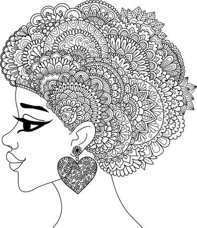 Line art design of black woman with mandala hair for design element. Vector illustration.のイラスト素材