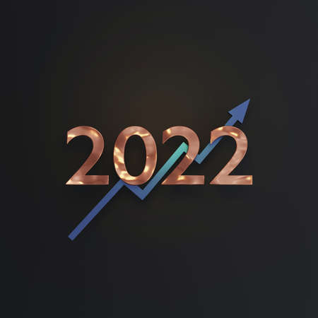 3d rendering bronze color 2020 with graph upwards and black background, Economy growth forecast...