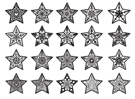 20 Mandala stars for Christmas ornament,printing,engraving,laser cutting, paper cutting. Vector illustration.のイラスト素材