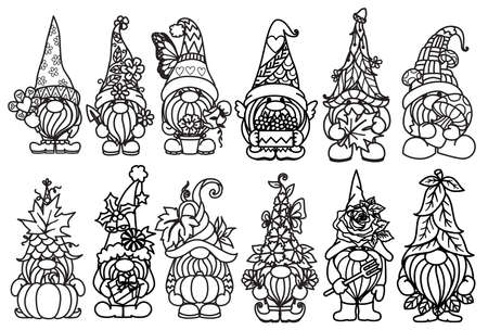 12 cute gnomes for Valentine, fall, autumn, Christmas, Garden design element. Vector illustration.のイラスト素材