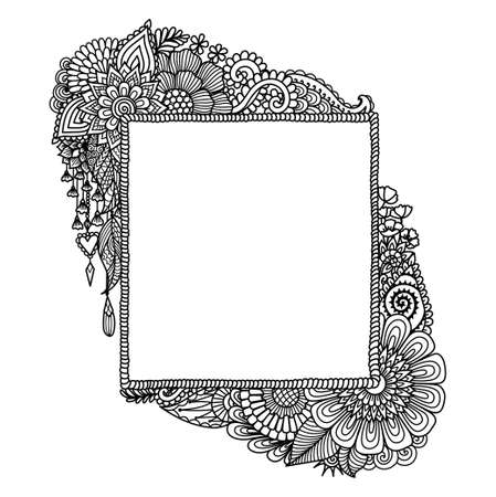Mandala flowers around square frame for printing, engraving or coloring page. Vector illustration.のイラスト素材