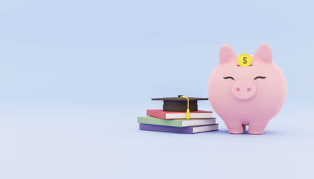 Piggy bank with graduation cap and books. 3D Renderの写真素材