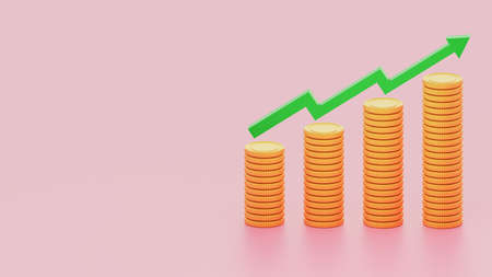3d rendering of gold coin stack with green arrow growing up on pink background