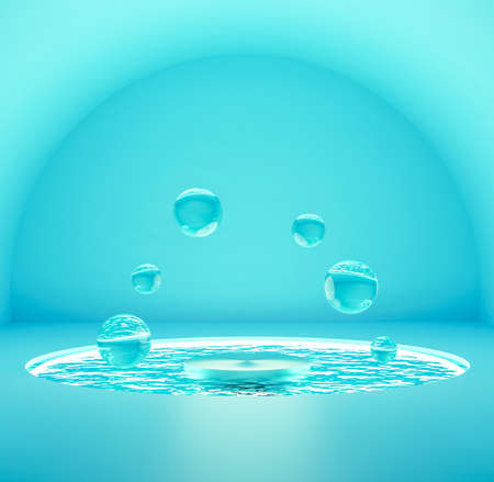 3d rendering Podium surrounded with water drops. Moisturiser product display