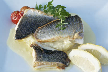 fried fillet of white fish on mashed potato with baby  tomatoes