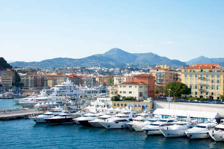 City of Nice colorful waterfront and yachting harbor, French riviera, Alpes Maritimes department of Franceの写真素材