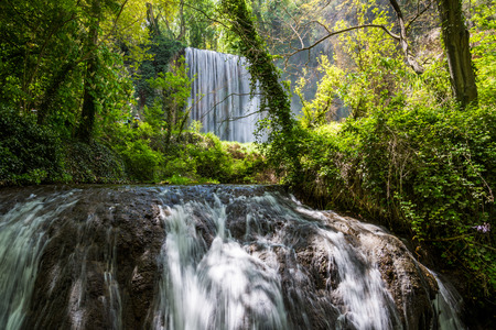 Waterfall from stone monastery Zaragoza Spain.の写真素材