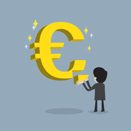 businessman make strong business by  fulfill  Euro currency sign as stable about his money , cartoon vector for success and  stable growht of economic or get return on investmentのイラスト素材