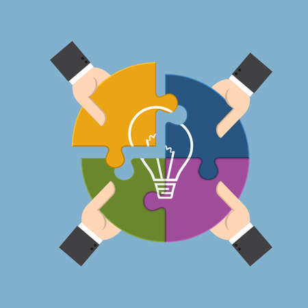 Group of businessman holding pieces of jigsaw puzzle bearing a light bulb, represent for team support, brainstorm or success to find  perfect idea concept.のイラスト素材