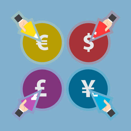 businessman reach hand to takes a piece of pie chart out. cartoon vector for market share conceptのイラスト素材