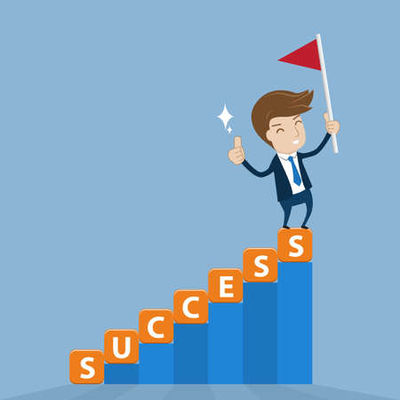 Businessman standing on top of cube lettering success stairway with  flag of victory. Vector illustration for success conceptのイラスト素材