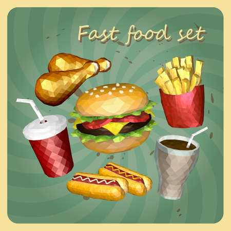 Polygon Retro style fast foods set, consist of  hamburger, fried chicken, hot dog, french fries and soft drinkのイラスト素材