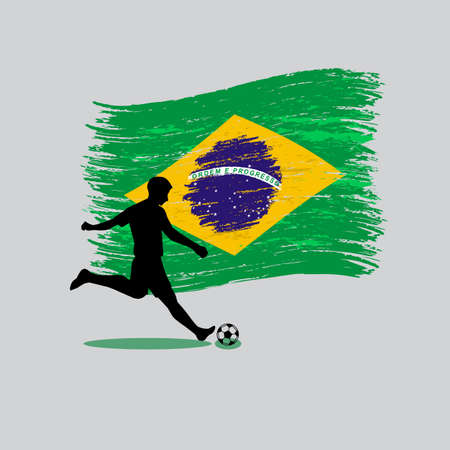 Soccer Player action with Brazil flag on background のイラスト素材