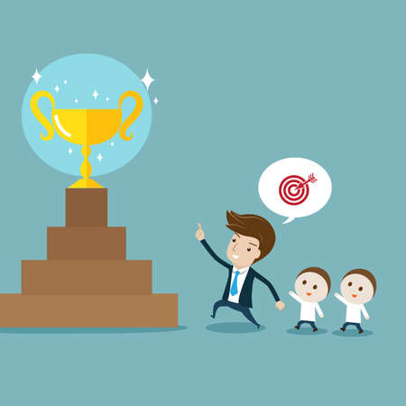 Businessman pointing  and leading followers to target. Vector cartoon for leadership, target, goal, achievement, teamwork or motivation concept

のイラスト素材