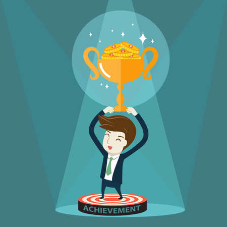 Businessman holding golden trophy. Vector cartoon for  success concept.のイラスト素材