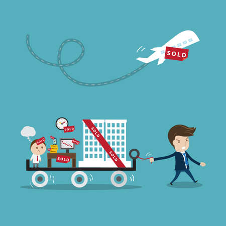 businessman  buying  another company or business. Vector cartoon for  business trading or takeover concept.のイラスト素材