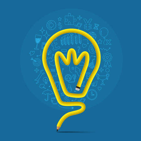 pencil bends shape to light bulb form  with icons, vector illustration for idea concept.のイラスト素材