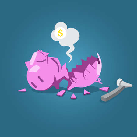 Broken piggy bank with hammer vector illustration for financial  crisis concept.のイラスト素材