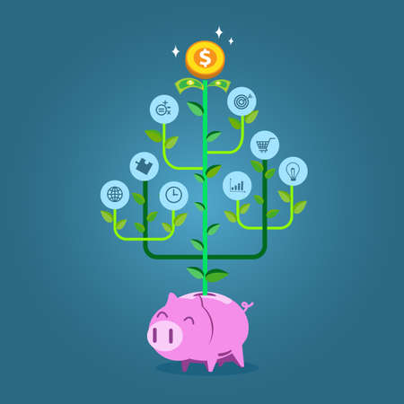 Plant with business symbols growing from piggy bank. Flat style vector illustration for investment or growth of business concept.のイラスト素材