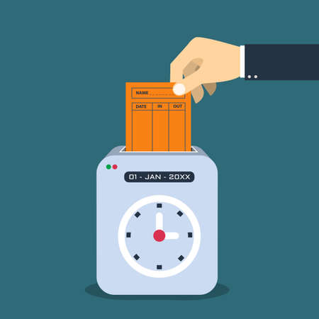 Hand putting  paper card in time recorder machine.  Flat style vector for time stamping  concept.のイラスト素材