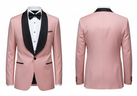 A sophisticated pink tuxedo jacket with a black satin shawl lapel and matching bow tie, shown from the front and back.の素材