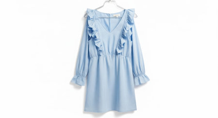 A delicate light blue maxi dress featuring long, flowing sleeves, ruffled details, and intricate lace trim.の素材