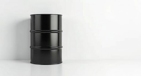 A sleek, black metal barrel is positioned vertically against a stark white background, casting a subtle shadow.の素材