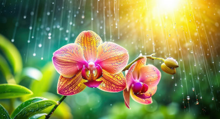 Close-up of delicate pink and orange orchids glistening with raindrops, illuminated by warm sunlight filtering through a misty background.の素材