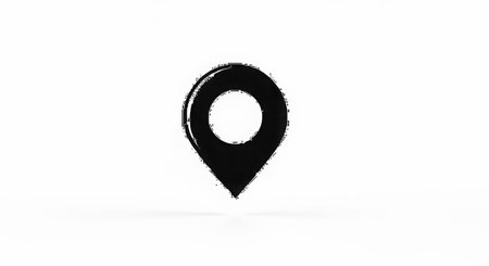 A minimalist, hand-drawn style black location pin icon with a white center, isolated on a stark white background.の素材