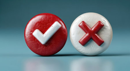 Two oval objects, one red with a white check mark, the other white with a red cross, stand side by side.の素材