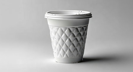 A tall, white paper cup designed to resemble an ice cream cone, complete with a textured surface and a plastic lid.の素材