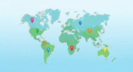 A stylized world map with colorful location pins indicating various places across continents, set against a soft blue gradient background.の素材