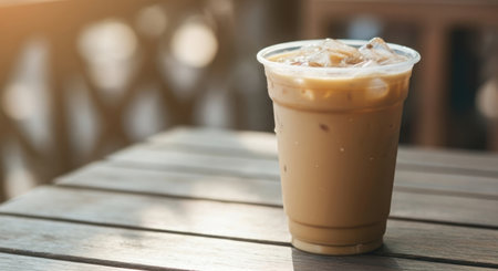 A tall, clear plastic cup filled with iced coffee sits on a rustic wooden table, bathed in soft sunlight.の素材