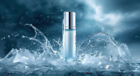 A sleek, silver-capped skincare bottle stands tall amidst dynamic, clear water splashes and droplets against a moody blue background.の素材