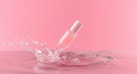 A clear bottle is submerged in pink liquid, creating a dynamic splash with water droplets frozen in motion.の素材