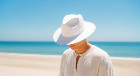 A person wearing a wide-brimmed white hat and a light-colored shirt stands on a sandy beach with the ocean and sky in the background.の素材