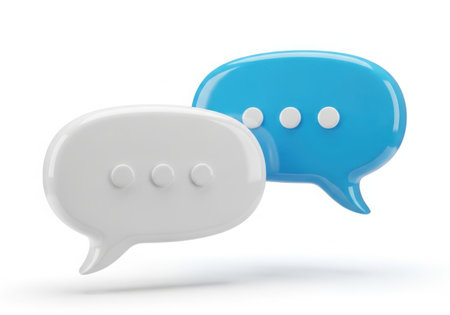 A white and a blue 3D speech bubble overlap, representing communication and conversation with ellipses inside.の素材